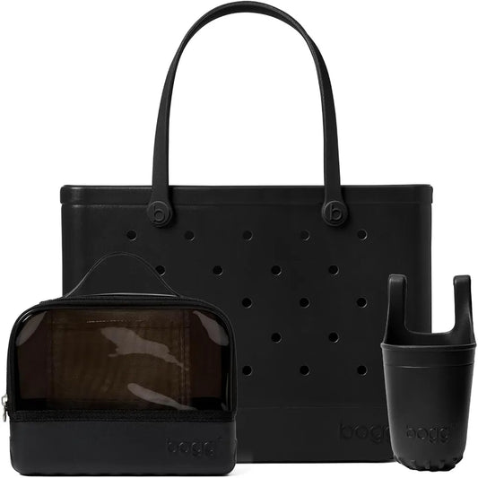 BOGG BAG Boggs N’ Ends Travel Organizer + Original, Large Tote + Bevy Beverage Holder (LBD Black) – Durable, Washable, Tip-proof – Beach, Pool, Boat, Work, Sports