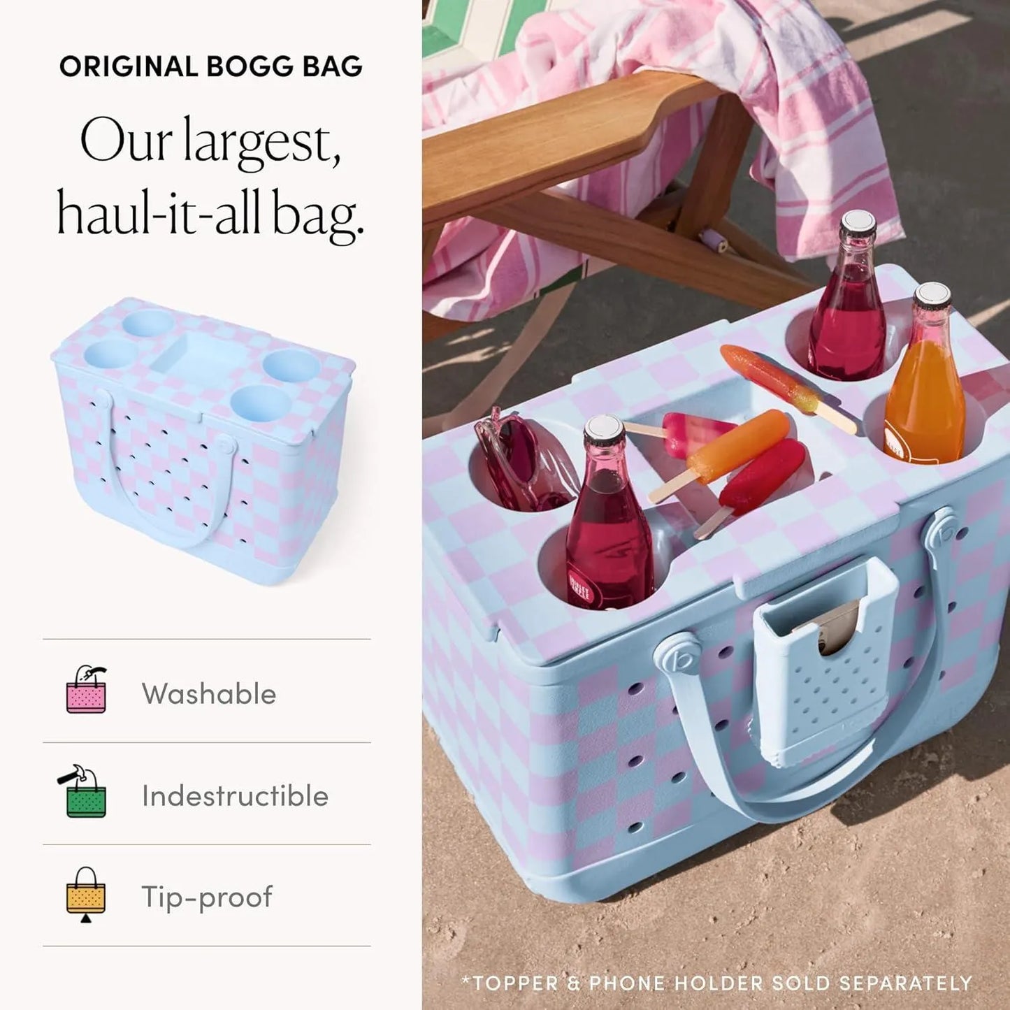 BOGG BAG Original Tote – Durable, Washable, Tip-proof – Beach, Pool, Boat, Work, Sports(Checker Out)