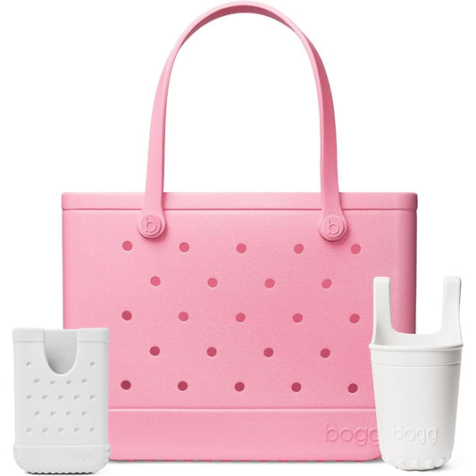 BOGG BAG Original, Large Tote (Bubble Gum Shimmer) + Bevy Beverage Holder & Call Me Phone Holder (For Shore White) – Durable, Washable, Tip-proof – Beach, Pool, Boat, Work, Sports